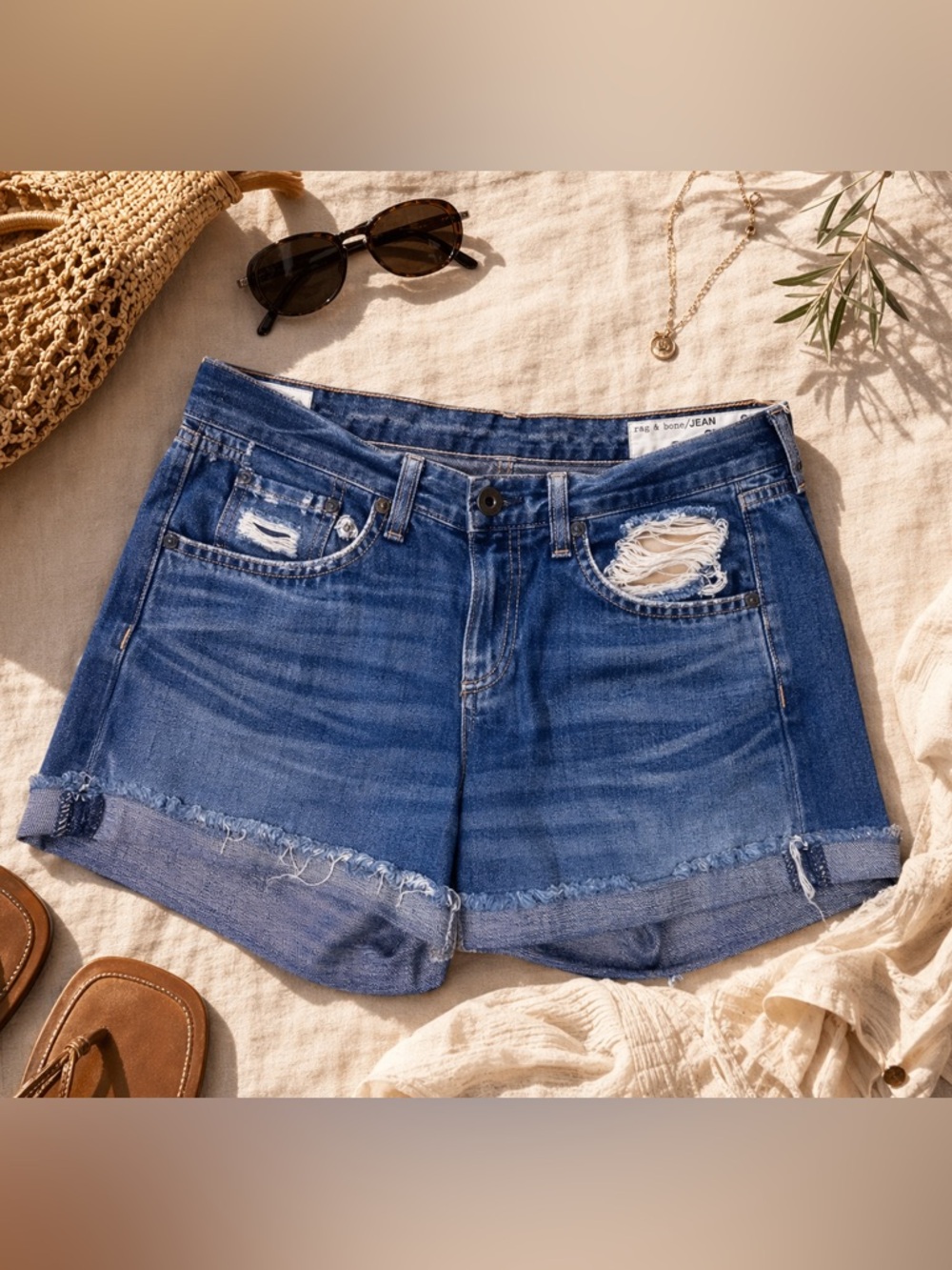 rag & bone Woodstock Denim Shorts 25 Distressed Cuffed Blue Jean Cutoffs